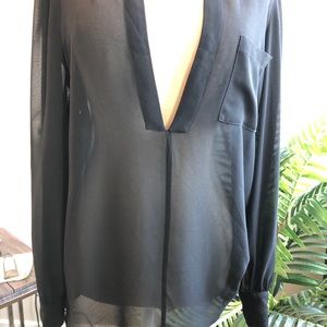 Semi Sheer Black Blouse V Neck Large Long Sleeve